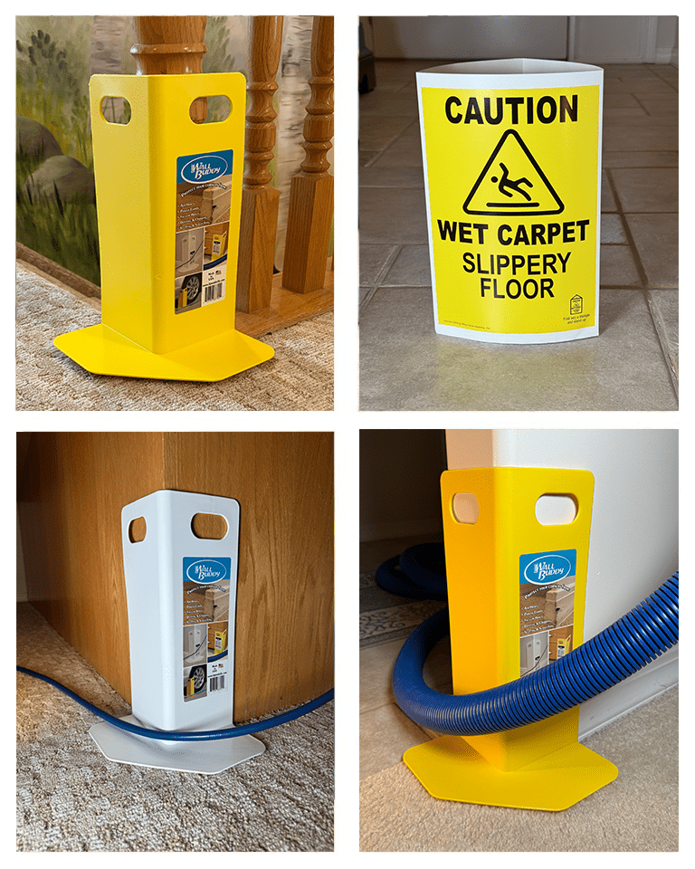 Yellow and white wall corner protector products placed on corners during cleaning, alongside a caution sign warning of a wet carpet and slippery floor.