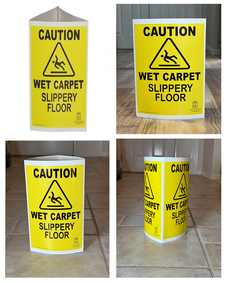 Bright yellow caution sign warning of a wet carpet and slippery floor, displayed from multiple angles. This alerts users to potential slip hazards.