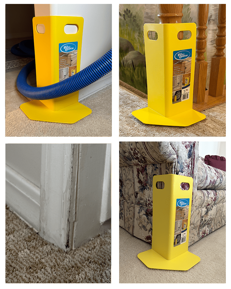 Wall Buddy wall corner guard in bright yellow, designed to guide vacuum hoses while preventing damage to walls and furniture. Ideal for home maintenance.