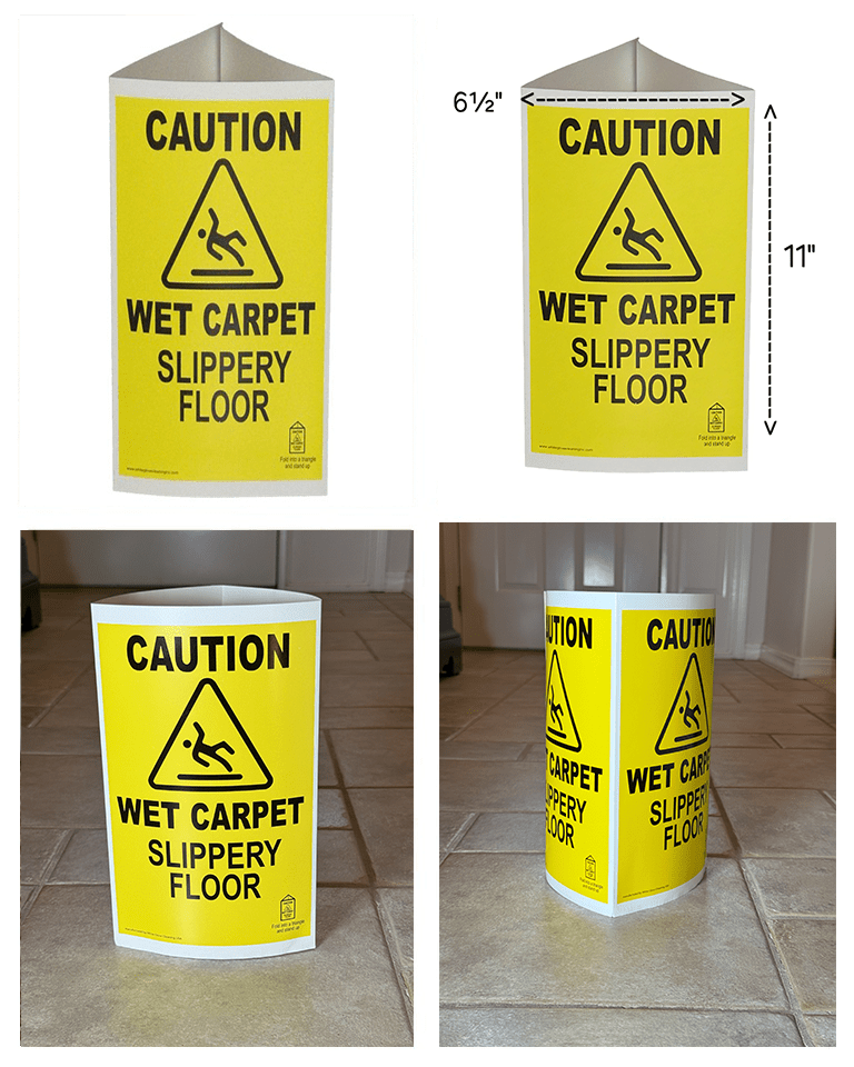 Disposable wet floor caution signs displayed from multiple angles. This alerts users to potential slip hazards. 
