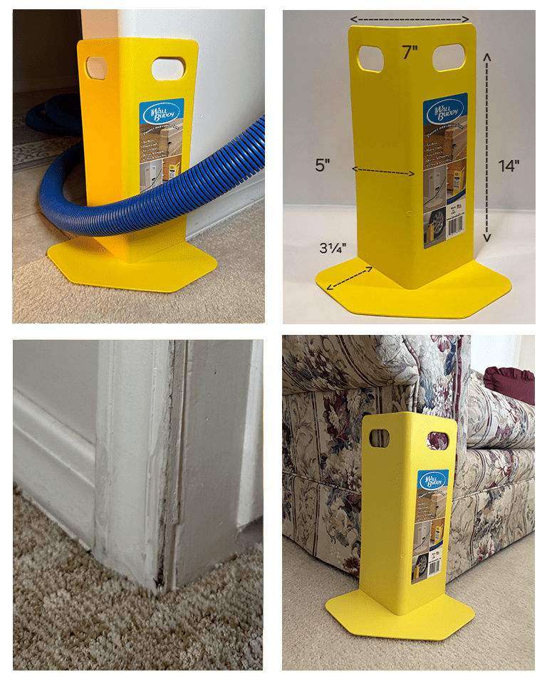 Wall Buddy wall corner guard in bright yellow, designed to guide vacuum hoses while preventing damage to walls and furniture. Ideal for home maintenance.